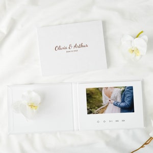 Personalized Velvet Video Book | Video Album | Bright White | Rose Gold foiled Wedding names & date