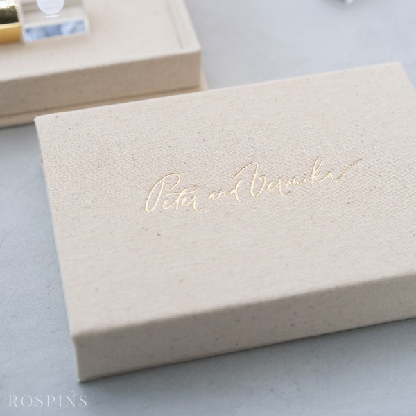 Caja USB de lino - Nuevo lino natural / Lámina de caja USB personalizada estampada con logotipo o textos / con unidad USB