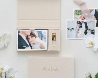 New Natural Linen Photo Box with USB Slot | Foil Stamped Names & Dates, Custom Fabric Colors