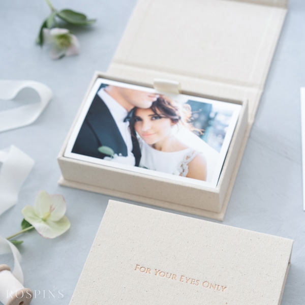 Boîte à photos en lin - Nouveau lin naturel | Boîte personnalisée pour photo de mariage | Feuille estampée avec logo ou textes