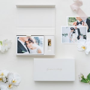 Creamy White Linen Photo Box with USB Slot | Foil Stamped Names & Dates, Custom Fabric Colors