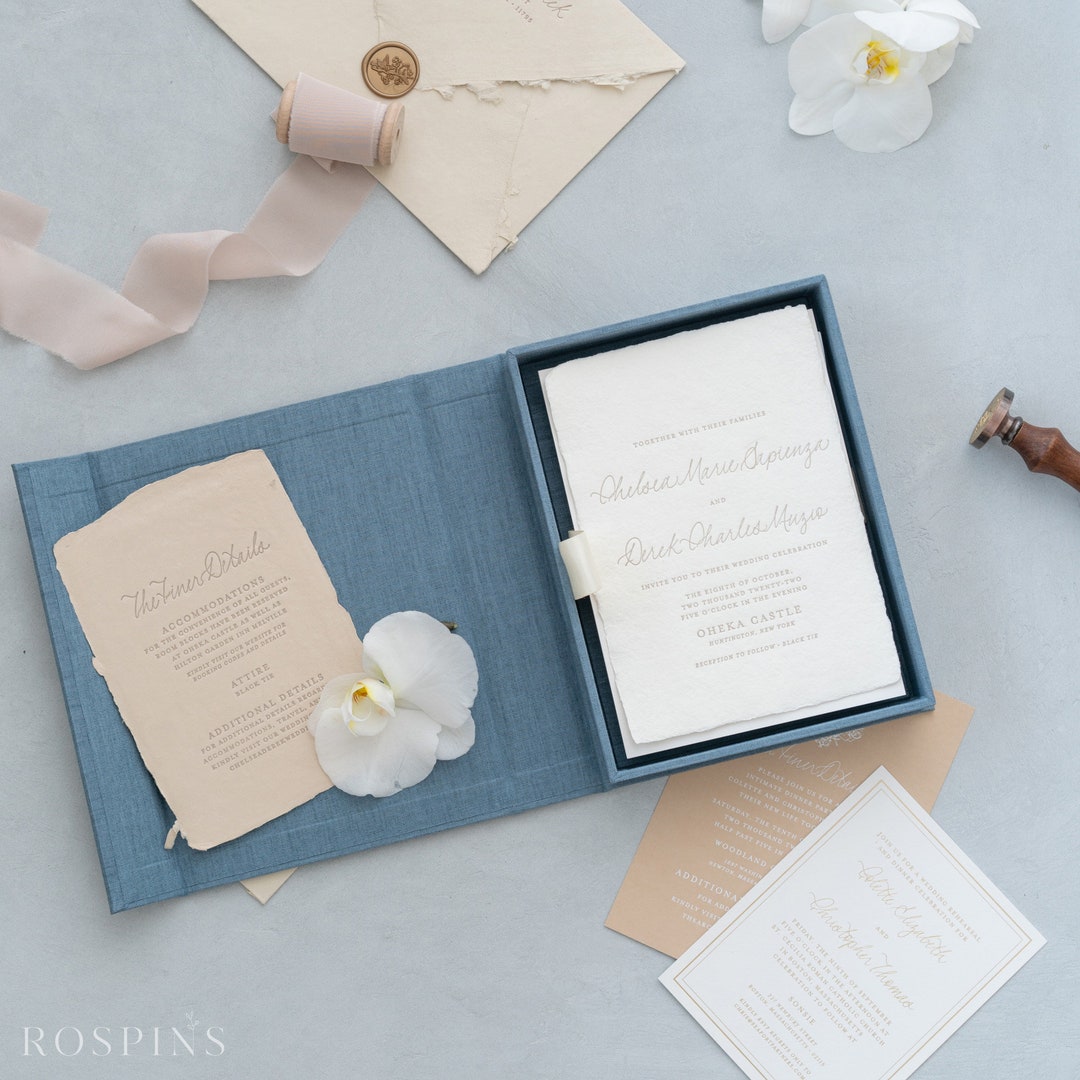Lake Blue Linen Invitation Box: Foil Stamped Wedding Keepsake - Etsy