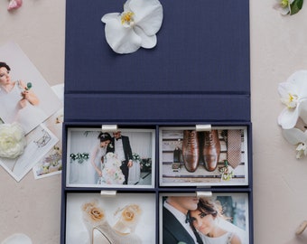 Linen Four-compartment Linen Photo Box - Navy | Custom size wedding photo box | Foil Stamped with logo or texts