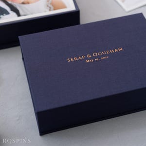 Navy Linen Photo Box: Foil Stamped, Custom Wedding Keepsake
