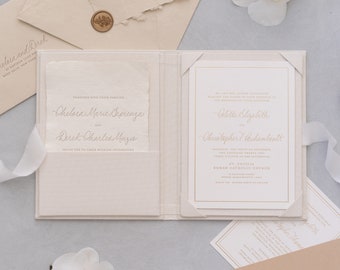 Folio d’invitation en lin - Blanc crémeux | Taille personnalisée | Feuille estampillée avec logo ou textes