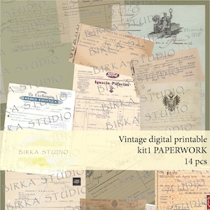 Stationary set Papeles digitales vintage para junk journal, stationery digital vintage, facturas antiguas, papeleria vintage para journal