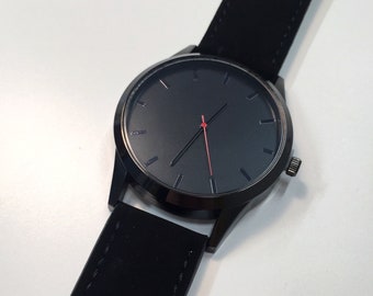 Men's Black Watch - Hustle Cooperative Wristwatch - Minimalist design - red detail - soft-touch strap - Unisex/Mens/Womens