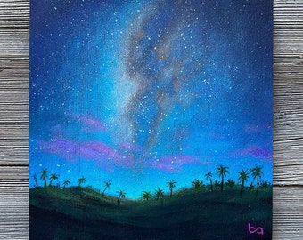 Original Acrylic Painting Sunset Landscape Blue Night Sky Light Art 6x6