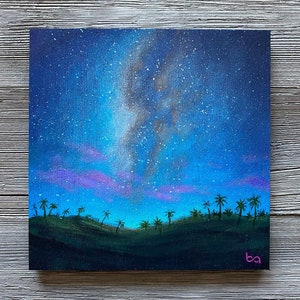 Tropical Night Sky Hand Painted, 6x6 Original Acrylic Painting, Hawaii Night Artwork, Palm Trees, Milky Way Stars, Wall Art by Ben Atkin image 1