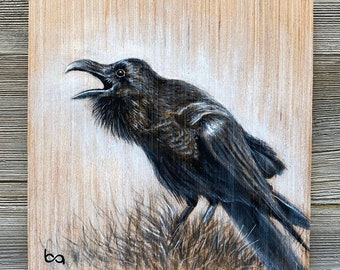 Raven - Hand Painted, Original Acrylic Painting, Black and White Crow Profile Art, Wood Background, 6x6" Bird Wall Art Decor by Ben Atkin