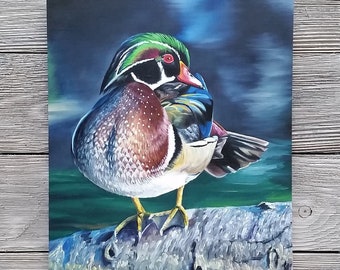 Wood Duck - Artist Proof, 8x10” Acrylic Painting, Perched Drake Wood Duck Artwork, Carolina Duck, Waterfowl Wall Art Decor by Ben Atkin