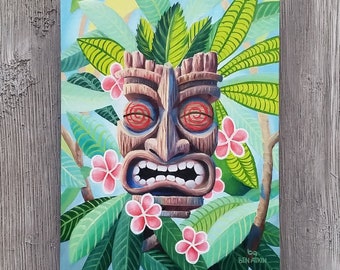 Tiki Kopf Malerei - Original Öl Kunstwerk, Handgemalt, Rote Plumeria Blumen, Tiki Bar, Hawaii Strand Dekor