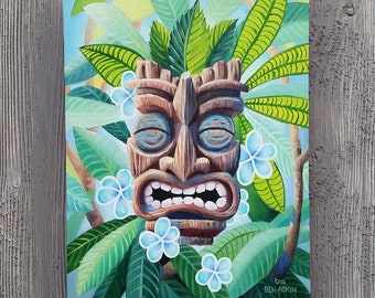 Plumeria Tiki - Artist Proof, 6x8” Acrylic Painting, Blue Flowers, Hawaii Greenery Decor, Tiki Bar, Tiki Room, Beach Wall Art by Ben Atkin