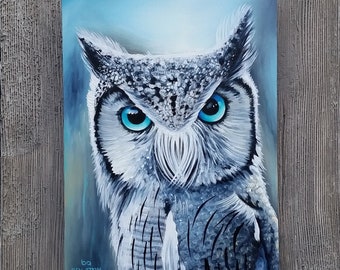 Scops Owl - Artist Proof, 6x8" Acrylic Painting, Blue Eyed White Faced Scops Owl Art, Fierce Bird Artwork, Wall Art Decor by Ben Atkin