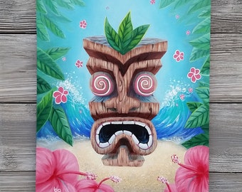 Tiki Oil Painting: Tropical Hawaiian Plumeria Art, Framed Wall Decor