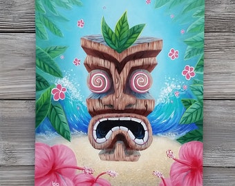 Tiki - Hand Painted, Original Oil Painting, Tropical Ocean Tiki Art, Pink Hawaiian Plumeria Flowers, Tiki Room, Wall Art Decor by Ben Atkin