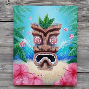 Tiki - Hand Painted, Original Oil Painting, Tropical Ocean Tiki Art, Pink Hawaiian Plumeria Flowers, Tiki Room, Wall Art Decor by Ben Atkin