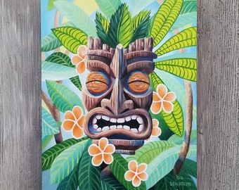 Orange Floral Tiki Oil Painting: Hawaii Beach Decor, Framed Wall Art