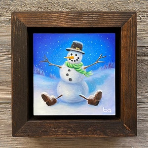 Snowman Hand Painted, 4x4 Original Acrylic Painting, Snowman Portrait, Winter Snow Custom Art, Christmas Gift Wall Art Decor by Ben Atkin image 1