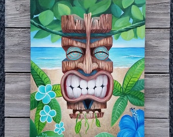 Tiki Beach Original Oil Painting: Tropical Island Art, Framed 8x10&quot;