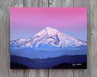 Mount Hood - Artist Proof, 8x10” Acrylic Painting,  Iconic Oregon Mountain Landscape Artwork, Blue and Pink Wall Art Decor by Ben Atkin