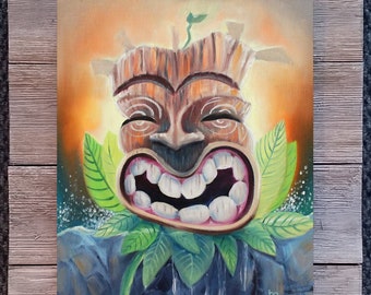 Tiki - Hand Painted, Original Oil Painting, Hawaiian Tiki Art, Tropical Happy Smiling Tiki, Tiki Bar, Tiki Room, Wall Art Decor by Ben Atkin