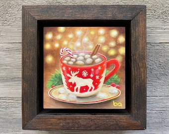 Christmas Hot Chocolate - Hand Painted, 4x4” Original Acrylic Painting, Red Mug, Hot Cocoa, Christmas Gift Wall Art Decor by Ben Atkin