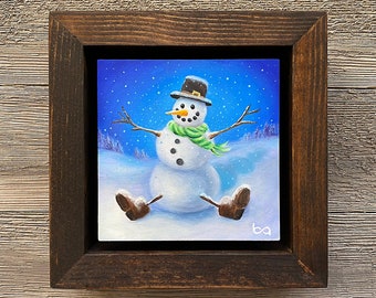 Snowman - Hand Painted, 4x4” Original Acrylic Painting, Snowman Portrait, Winter Snow Custom Art, Christmas Gift Wall Art Decor by Ben Atkin