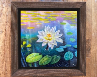 Lily Pad Painting - Hand Painted, 6x6" Original Acrylic Artwork, Pretty Lily Flower Pond Reflections, Custom Wall Art Decor by Ben Atkin