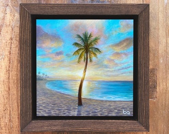 Palm Tree Beach Sunset - Artist Proof, 6x6" Acrylic Painting, Tropical Hawaii Beach Scenery, Custom Wall Art Decor by Ben Atkin