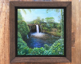 Rainbow Falls - Artist Proof, 6x6” Acrylic Painting, Waterfall Scenery, Beautiful Tropical Artwork, Greenery Wall Art Decor by Ben Atkin