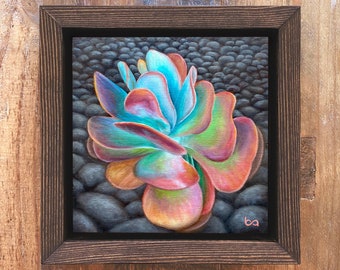 Succulent - Artist Proof, 6x6" Acrylic Painting, Mini Colorful Flower Artwork, Floral Art by Ben Atkin