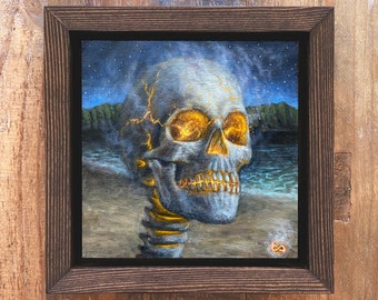 Fire Skull - Artist Proof, 6x6" Acrylic Painting, Tropical Beach Art, Skeleton Ocean, Smoking Glowing Skull, Beach at Night By Ben Atkin