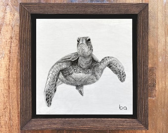 Sea Turtle - Hand Painted, Original Acrylic Painting, Tropical Sea Life Artwork, Mini 6x6", Simple Small Ocean Wall Art Decor by Ben Atkin