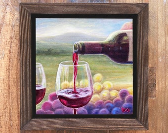 Wine Pour - Artist Proof, 6x6" Acrylic Painting, Wine Drinking Artwork, Mini Wine Glass Landscape, Grapes, Wall Decor by Ben Atkin