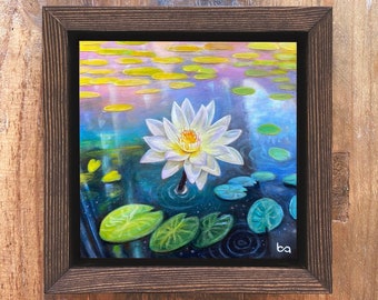 Lily Pad Painting - Artist Proof, 6x6" Acrylic Painting, Pretty Lily Flower on Pond with Reflections, Custom Wall Art Decor by Ben Atkin