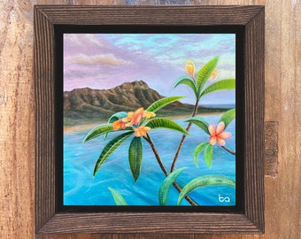 Diamond Head - Artist Proof, 6x6” Acrylic Painting, Hawaiian Plumeria Flowers, Floral Landscape, Ocean View, Wall Art Decor by Ben Atkin