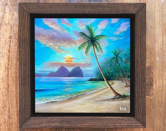 Palm Tree Beach Sunset - Artist Proof, 6x6" Acrylic Painting, Tropical Hawaii Beach Scenery, Custom Wall Art Decor by Ben Atkin