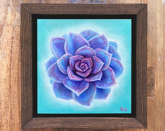 Blue Succulent - Artist Proof, 6x6" Acrylic Painting, Colorful Flower Artwork, Mini Teal Blue Purple Floral Wall Art Decor by Ben Atkin