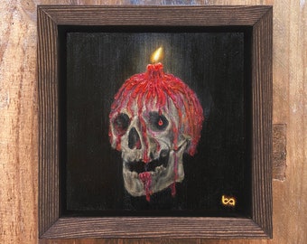 Skull Candle - Artist Proof, 6x6" Acrylic Painting, Crimson Red Dripping Wax, Skeleton Head, Mini Melting Floating Skull Art by Ben Atkin
