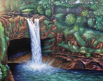 Rainbow Falls, 2x4 ft, Hand Painted Original Oil Painting, Waterfall Scenery, Beautiful Water Artwork, Greenery Wall Art Decor by Ben Atkin