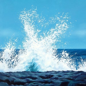 Heart Wave 42x42&quot; Original Oil Painting, Hand Painted Punalu’u Black Sand Beach, Hawaii, Volcanic Rock, Tropical Wall Art Decor by Ben Atkin