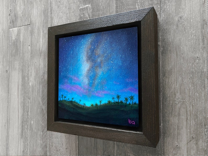 Tropical Night Sky Hand Painted, 6x6 Original Acrylic Painting, Hawaii Night Artwork, Palm Trees, Milky Way Stars, Wall Art by Ben Atkin image 7