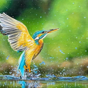 Kingfisher Original Painting 5x7&quot; Acrylic Hand Painted Bird Artwork Wall Art Decor Feathers Handmade Real Traditional Artist Ben Atkin Art
