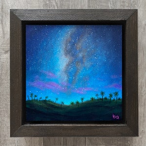 Tropical Night Sky Hand Painted, 6x6 Original Acrylic Painting, Hawaii Night Artwork, Palm Trees, Milky Way Stars, Wall Art by Ben Atkin image 5