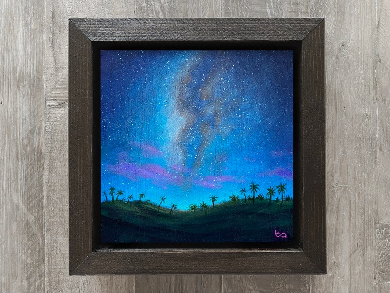 Tropical Night Sky Hand Painted, 6x6 Original Acrylic Painting, Hawaii Night Artwork, Palm Trees, Milky Way Stars, Wall Art by Ben Atkin image 5