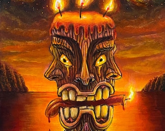 Obraz akrylowy Berserk Tiki: Mroczna surrealistyczna sztuka świec (4,75 x 6 cali)