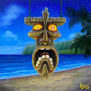 Hanging Tiki - Hand Painted Original, 6x6&quot; Acrylic Painting, Tiki Bar, Night Scene, Custom Tropical Palm Tree Moonlit Art by Ben Atkin