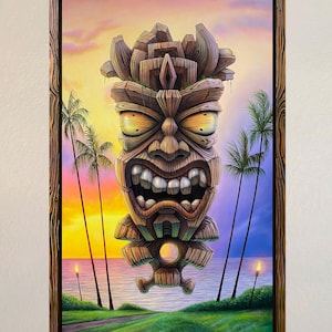 Mantis Tiki - Hand Painted Original, 16x28&quot; Acrylic Painting, Tiki Bar, Tropical Decor, Custom Ocean Sunset Rainbow Colorful Art Ben Atkin