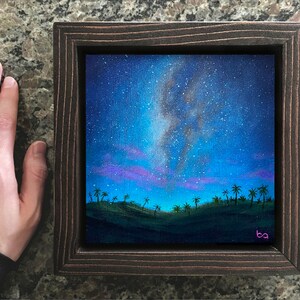 Tropical Night Sky Hand Painted, 6x6 Original Acrylic Painting, Hawaii Night Artwork, Palm Trees, Milky Way Stars, Wall Art by Ben Atkin image 8